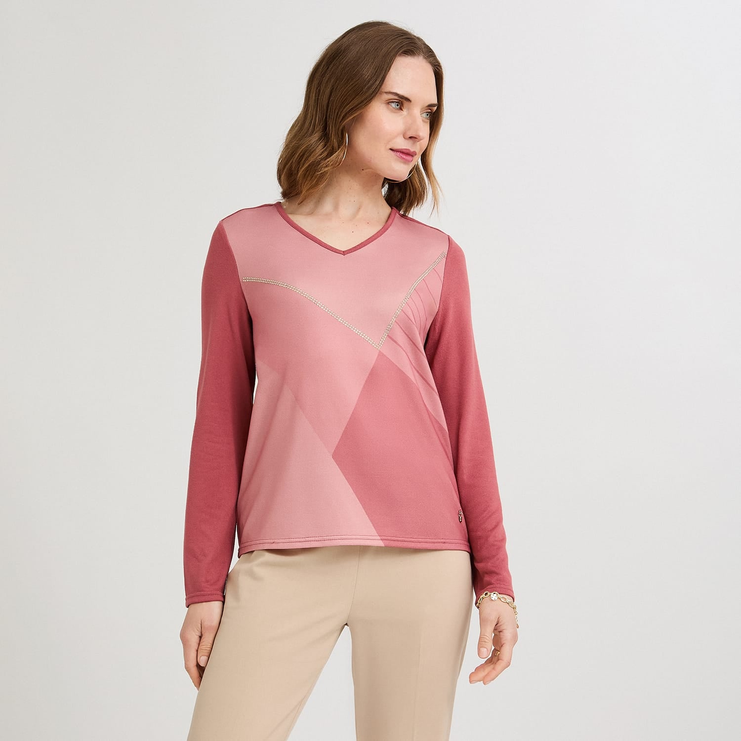 Polera Lanilla Bloqus de Color con Strass Rosado